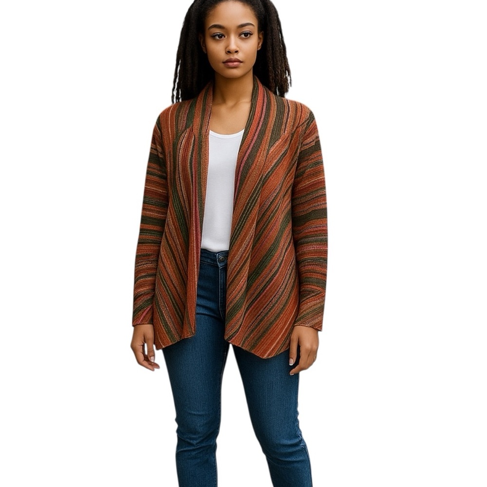Adrienne Vittadini Sweater Womens Size XS Multi Brown Wool Open Cardigan Boho
